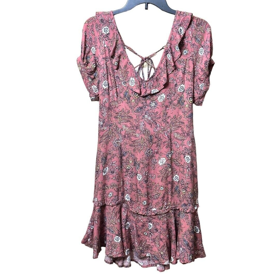 Francesca’s Blue Rain Mauve Floral Boho Lace Up Back Skater Dress Size Med